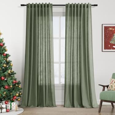 Imagem de Cortina estendida verde-oliva de linho transparente para sala de estar, conjunto de 2 painéis, 285 cm de comprimento, filtro de luz traseira e respirabilidade, cortinas semitransparentes para quarto