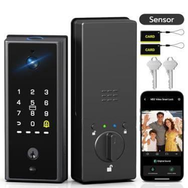 Imagem de Fechadura inteligente com câmera, fechadura de porta com teclado de impressão digital com interfone remoto, bateria integrada e fechadura inteligente para porta da frente