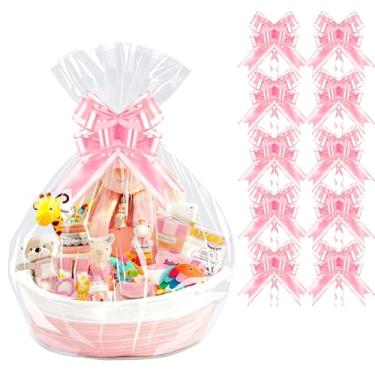 Imagem de PigPotParty Pacote com 10 sacos de celofane com 10 laços, embalagem grande de celofane de 61 cm x 76 cm para cestas de presente, sacos de presente de plástico transparente resistente a rasgos para chá