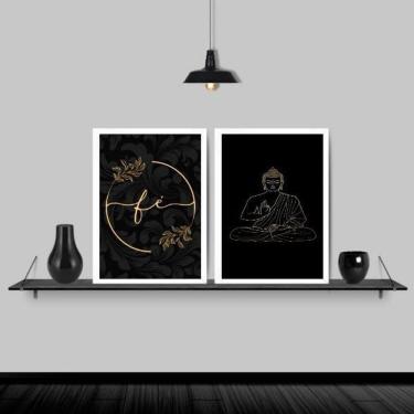 Imagem de Kit 2 Quadros Buda Fé Preto Com Dourado 33X24 Moldura Branca