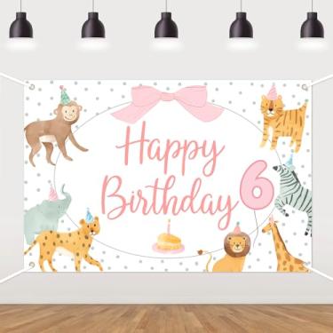 Imagem de Fundo de festa de aniversário de animais, decoração de aniversário de 6 anos com tema de zoológico de safári rosa, faixa de fundo com laço de animal fofo para meninas, suprimentos de festa de
