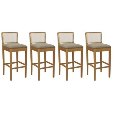 Imagem de Banqueta Cozinha Sara 1BMM005CA Premium Madeira Maciça Kit 4 Un Carvalho/Boucle Bege Fendi/Tela Bege Kappesberg