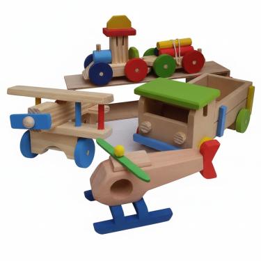 Imagem de Kit Alegria 4 Brinquedos avião helicóptero trenzinho carrinho de MDF e Pinus