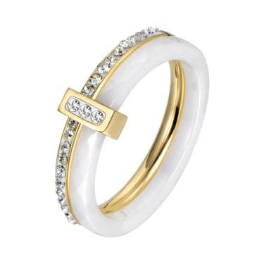 Imagem de Anel De Noivado Em Cristal Cerâmico Preto E Branco Com Ouro Rosa E Aço