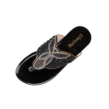 Imagem de Sandálias planas femininas enfeitadas com strass para praia e férias confortáveis para uso ao ar livre chinelos estilo boêmio, Preto, 38