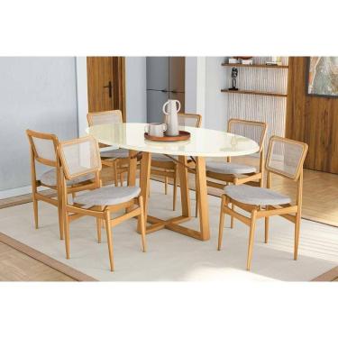 Imagem de Mesa Cozinha Elma Premium Madeira Maciça c/ Tampo Madeirado c/ Vidro 180x105cm e 6 Cadeiras Stela Carvalho/Off White - Boucle Bege Fendi-Kappesberg