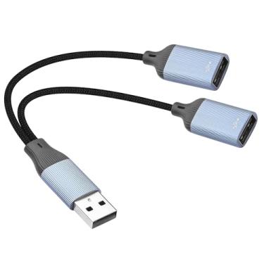 Imagem de JSADZKJ Divisor Y USB 1 em 2 saídas, USB 2.0 A macho para adaptador USB duplo fêmea para carregamento e dados, cabo adaptador de extensão USB-A duplo para PC, laptop, teclado, mouse, impressora, pen