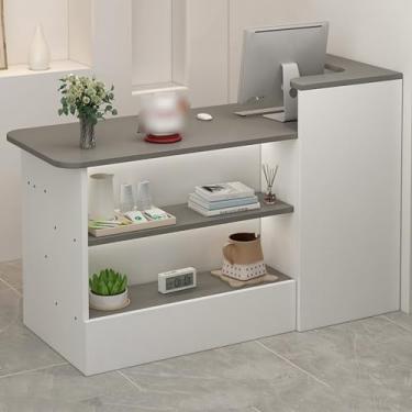 Imagem de Mesa de balcão de recepção, balcão moderno de caixa de varejo com gavetas, caixa em forma de L, recepção de madeira para loja de conveniência, hotel, salão de beleza