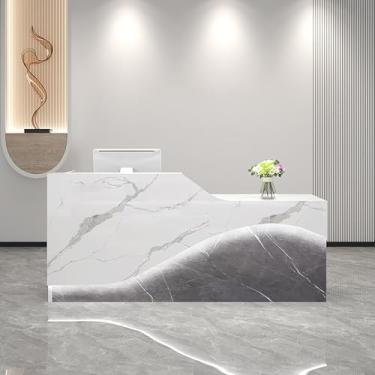 Imagem de Balcão de recepção White Veins com gaveta com trava, bandeja de teclado e luz - Mesa de caixa de varejo para salão e escritório (140 x 49,8 x 99,8 cm)