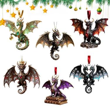 Imagem de Árvore de Natal dragão voador – 6 peças 2D acrílico decoração sazonal pingente | pingente de dragão voador de Natal | para escritório em casa, hotel, escola, jardim, pátio, quintal