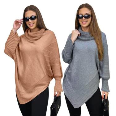Imagem de Kit 2 Ponchos Bico Feminino Capa Tricô Mousse Liso Gola Alta Inverno C