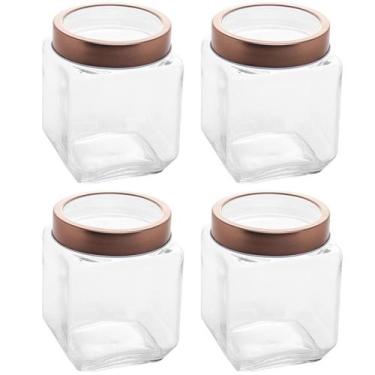 Imagem de Kit 4 Pote de Vidro 1,2L Quadrado com Tampa Metal Mantimentos Rosé Gol