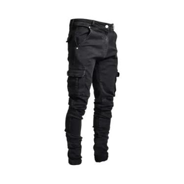 Imagem de Calças Cargo Jeans Slim Fit Masculinas Com Cintura Média, Múltiplos Bo