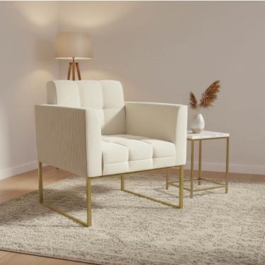 Imagem de Poltrona Sala Decorativa Elisa Base Industrial Dourada Cotelê Ext/Veludo Bege D03 - D'Rossi