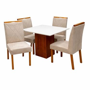 Imagem de Mesa de Jantar Dakota 90x90cm Sem Vidro e 4 Cadeiras California em Veludo Estofadas Cel Móveis Cor Cinamomo Off White com Tecido Bege