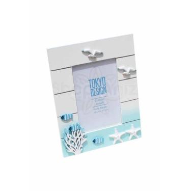 Imagem de Porta Retrato em Madeira Foto 10x15 Maritimo Estrelas Peixes Cor:Azul 