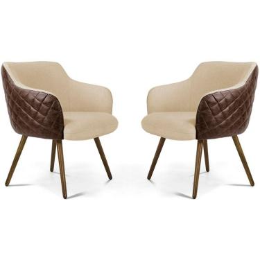 Imagem de Kit 02 Poltronas Jade Tressê Pés Palito Corano Rústico Marrom/linho Bege - Nexta Casa