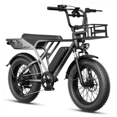 Imagem de Bicicleta elétrica Jasion RetroVolt cinza com cesta dianteira pneus 20x4 suspensão dupl...