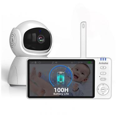 Imagem de Babá Eletrônica AnKeKe Branco Sem Fio Tela 5" Pan Tilt Zoom Detecção Movimento Naninhas Temperatura