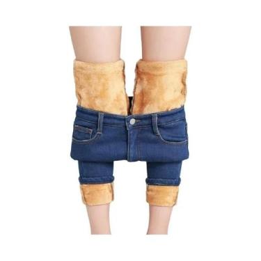 Imagem de Calças Jeans Femininas Térmicas De Inverno Com Forro De Lã Quente E Av