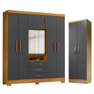 Imagem de Guarda Roupa Casal Imperial e Armário Multiuso New Egito Carvalho Americano Grafite - I...