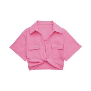 Imagem de Camisa Cropped De Linho Com Nó Frontal E Bolsos Em Patch Para Mulheres