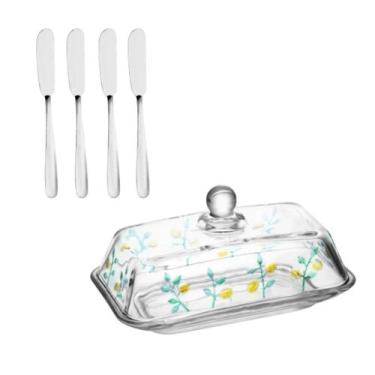 Imagem de Kit Manteigueira Retangular Cristal Siciliano 18cm + 4 Espátulas - Lyo