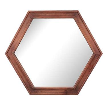 Imagem de Stonebriar Espelho de parede hexagonal decorativo de 60,96 cm com moldura de madeira tingida de sequoia e suporte para pendurar, 60,96 cm x 53,32 cm