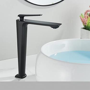 Imagem de Torneira de pia de latão de bacia alta preta, torneira misturadora de banheiro, alça única, água fria quente, torneira de pia de vaidade montada, preto fosco, alto, China
