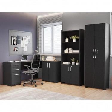Imagem de Conjunto Home Office 3 Peças 1 Mesa em L  2 Gavetas 3 Portas 2 Armários Espresso Móveis Preto Tx