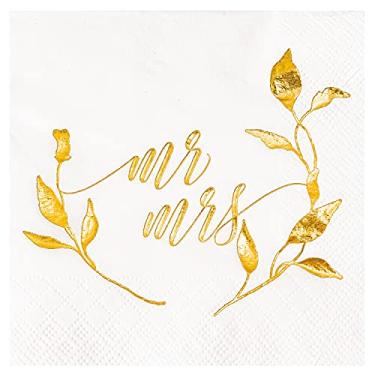 Imagem de Crisky Guardanapos de casamento para recepção de ouro sr. sra. guardanapos para casamento bar de coquetel berverage decorações de mesa de bolo suprimentos de festa de chá de casamento, 3 camadas, 100 unidades