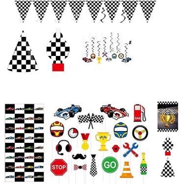 Imagem de Serve 30 pacotes completos de festa, tema de carro de corrida, 30 chapéus de festa de aniversário, 30 explosões, 30 sacos de petisco, 20 adereços para fotos "faça você mesmo", 14 redemoinhos, 2 bandeirinhas, 1 pano de fundo, ideal para festa de aniversário com tema de carro de corrida