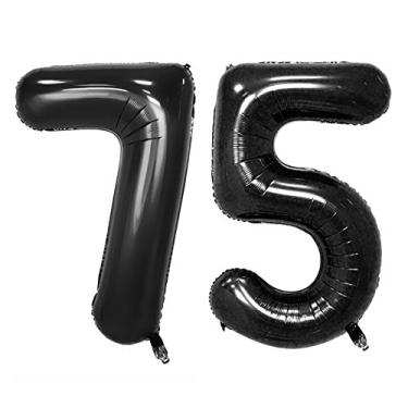 Imagem de Balões de número digital jumbo de hélio 75, folha preta, 101,6 cm, decoração de aniversário de 75 anos para mulheres ou homens, 75 artigos de festa de aniversário