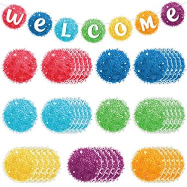 Imagem de 61 Pçs Banner de Boas-vindas Pom-Poms Flâmulas Boas-vindas Quadro de Avisos Poms Acentos Pentagrama Coração Redondo Recortes com 100 Pontos de Cola para Berçário de Bebê Escolar (Estilo Pompom)