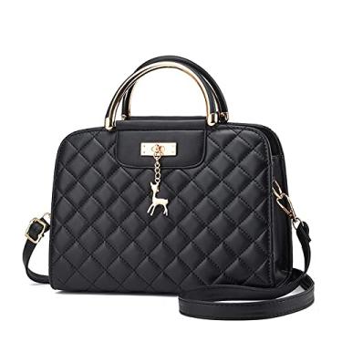 Imagem de Bolsa de mão feminina de couro acolchoado bolsa transversal com alça superior bolsa de ombro feminina com zíper, Preto