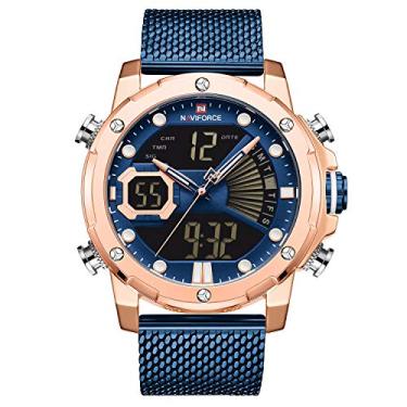 Imagem de NAVIFORCE Relógio de pulso masculino digital de aço inoxidável com pulseira de malha esportiva à prova d'água com alarme militar relógio de pulso duplo horário, Ouro rosa, azul, azul, Digital