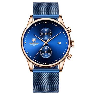 Imagem de CHEETAH Relógio masculino de aço inoxidável 3ATM à prova d'água, cronógrafo, data automática, analógico, quartzo, moderno, negócios, preto, relógio de pulso para homens, Dourado, azul
