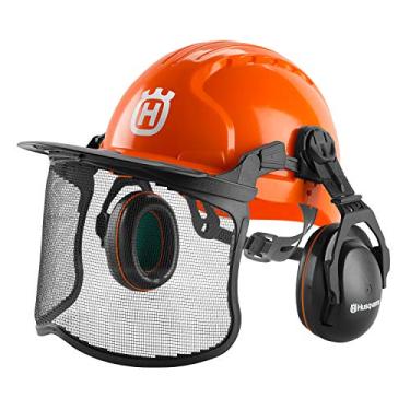 Imagem de Husqvarna 592752602 Capacete de motosserra com escudo facial de malha metálica, protetores de ouvido ajustáveis para proteção auditiva e Sun Peak, capa de capacete florestal HDPE, laranja