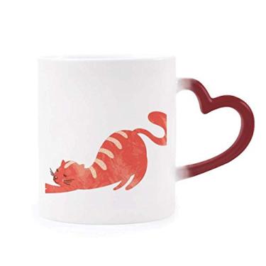 Imagem de Caneca de grés com desenho de gato gordo para aquarela sensível ao calor Caneca vermelha que muda de cor