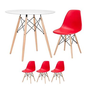 Imagem de Loft7, Kit - Mesa redonda Eames 80 cm branco + 3 cadeiras Eiffel Dsw Vermelho