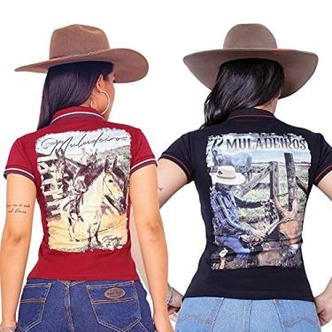 Imagem de Kit 2 Camisetas Muladeiros Femininas Country Polo Baby Look Cor:Preto-Vermelho;Tamanho:P