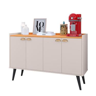 Imagem de Aparador Buffet Kiev Cantinho Café 4 Portas Puxador Concha Prateleira Interna Organizadora Pés Retrô - Off White/Cinamomo - RPM Móveis