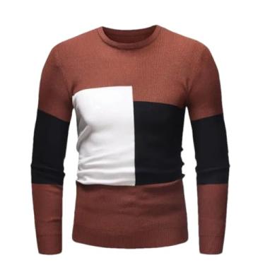 Imagem de KANG POWER Suéter casual de gola redonda suéter masculino de malha colorblock, Marrom, Medium