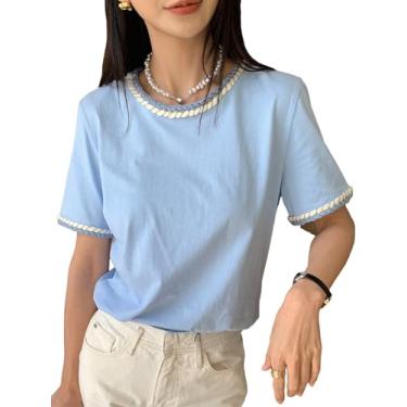 Imagem de RoseSeek Camiseta feminina com acabamento contrastante de renda de manga curta gola redonda casual, Azul bebê, P