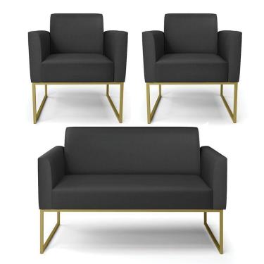 Imagem de Sofá Namoradeira Com 2 Poltronas Base Industrial Dourado Marisa Corino D03 - D\`rossi Cor Preto