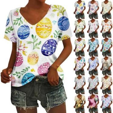 Imagem de PKDong Camisetas femininas de Páscoa, engraçadas, ovos fofos, estampa floral, Happy Easter Day, coelhinho, manga 2024, A01 azul, M