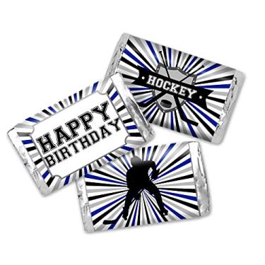 Imagem de Blue & Gray Hockey Themed Birthday Party Mini Chocolate Candy Bar Sticker Wrappers, 45 1.4" x 2.6" Wrap Around Labels by Amanda Creation, Great for Party Favors