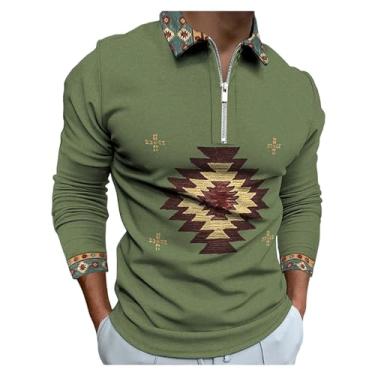 Imagem de Camisa polo masculina estampa asteca meio zíper frontal pulôver de mangas compridas combinando com cores, Verde, XXG