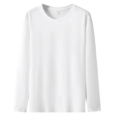 Imagem de Camisetas masculinas de manga comprida, ajuste regular, cor sólida, gola redonda, respirável, leve, Branco, XXG