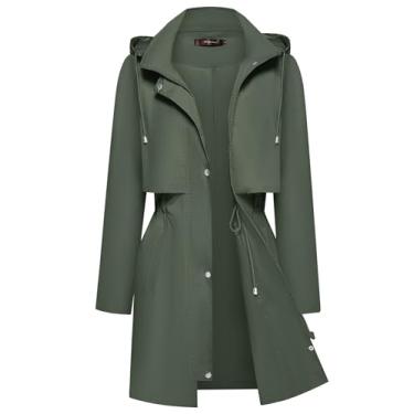 Imagem de Bloggerlove Jaqueta de chuva feminina impermeável com capuz, casaco de chuva leve, corta-vento embalável, Verde militar, G